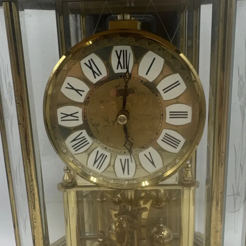Gold Tone Anniversary Torsion Mantel Clock, Glass Dome, Roman Dial, Pendulum